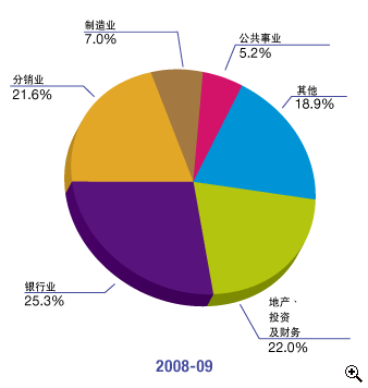 这个圆形图显示在2008-09年度中按业务类别划分的法团利得税 评税 额比率。
有关数字如下：
地产、投资及财务占22.0%；
银行业占25.3%；
分销业占21.6%；
制造业占7.0%；
公共事业占5.2%；
其他占18.9%。