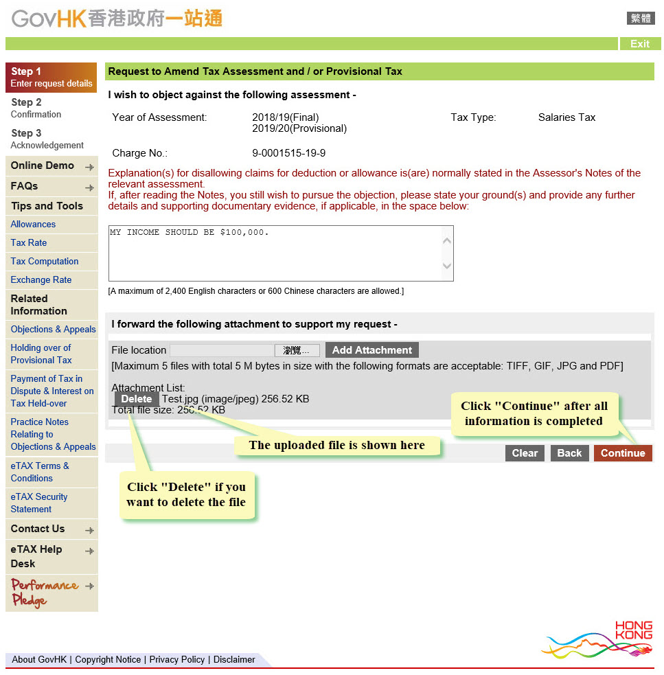 The uploaded file is shown here
Click Delete if you want to delete the file
Click Continue after all information is completed
