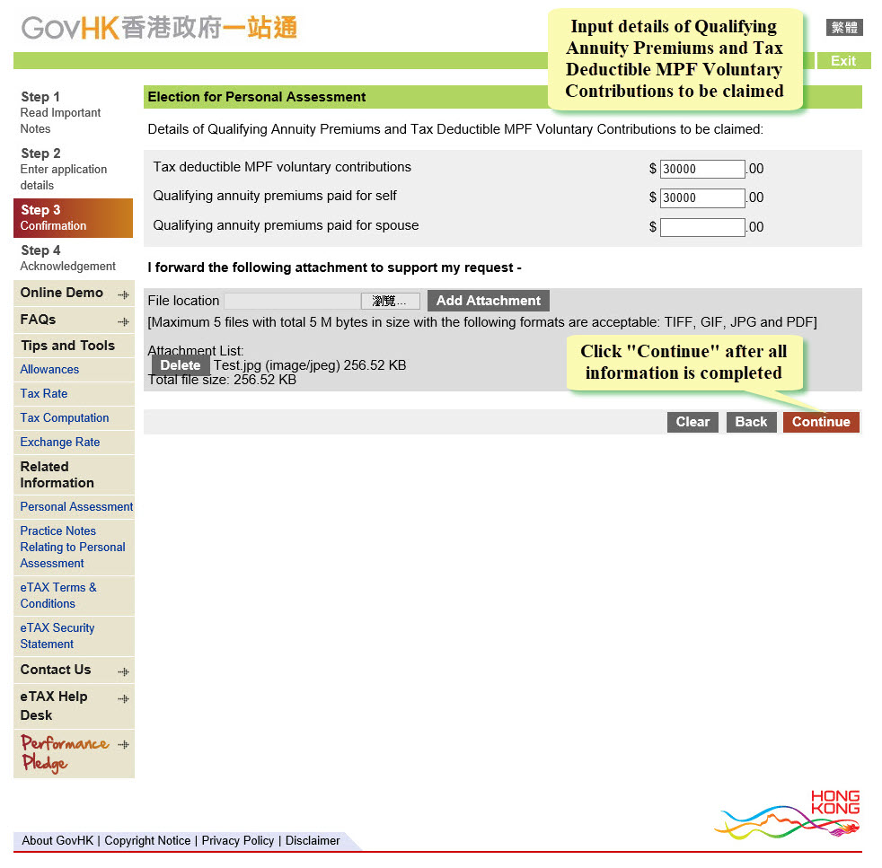 The uploaded file is shown here
Click Delete if you want to delete the file
Click Continue